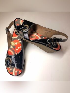 Fly London Women’s Black Wedge Sandals with Buckle Detail Size- 39